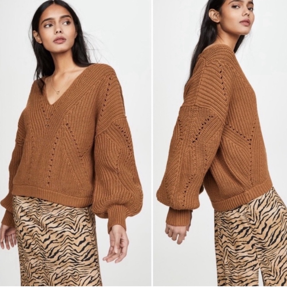 Free People women’s All Day Long sweater Sahara V-neck brown knit cotton blend L